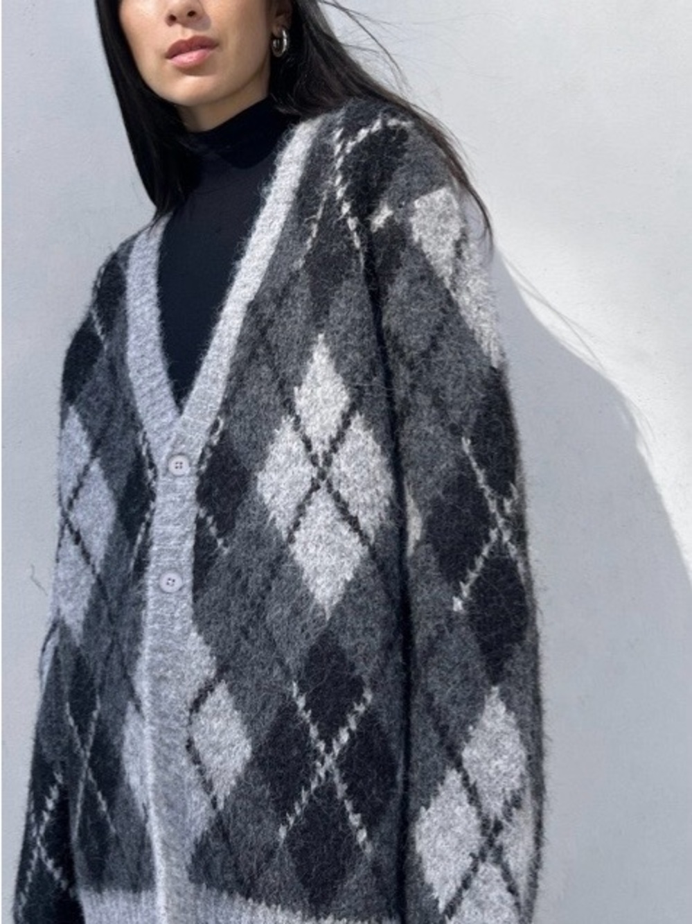 NWT Large Oak + Fort Mohair Button Up Cardigan Unisex Grey Argyle Knit Sweater